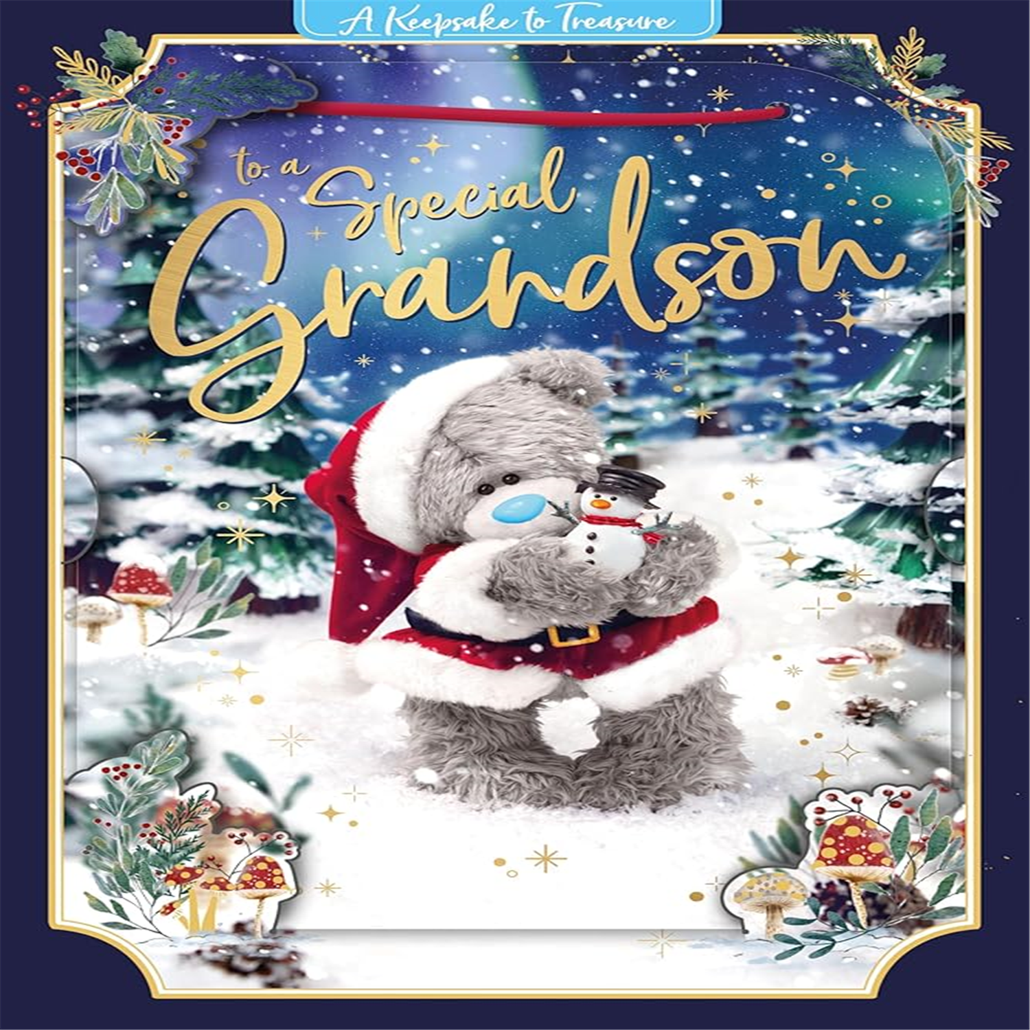 Me To You Bear With Snowman Special Grandson 3D Keepsake Christmas Card - Red