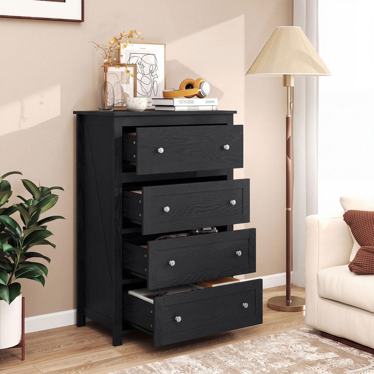 Costway 4 Chest Of Drawers Dresser Storage Cabinet Organizer-Black - Black