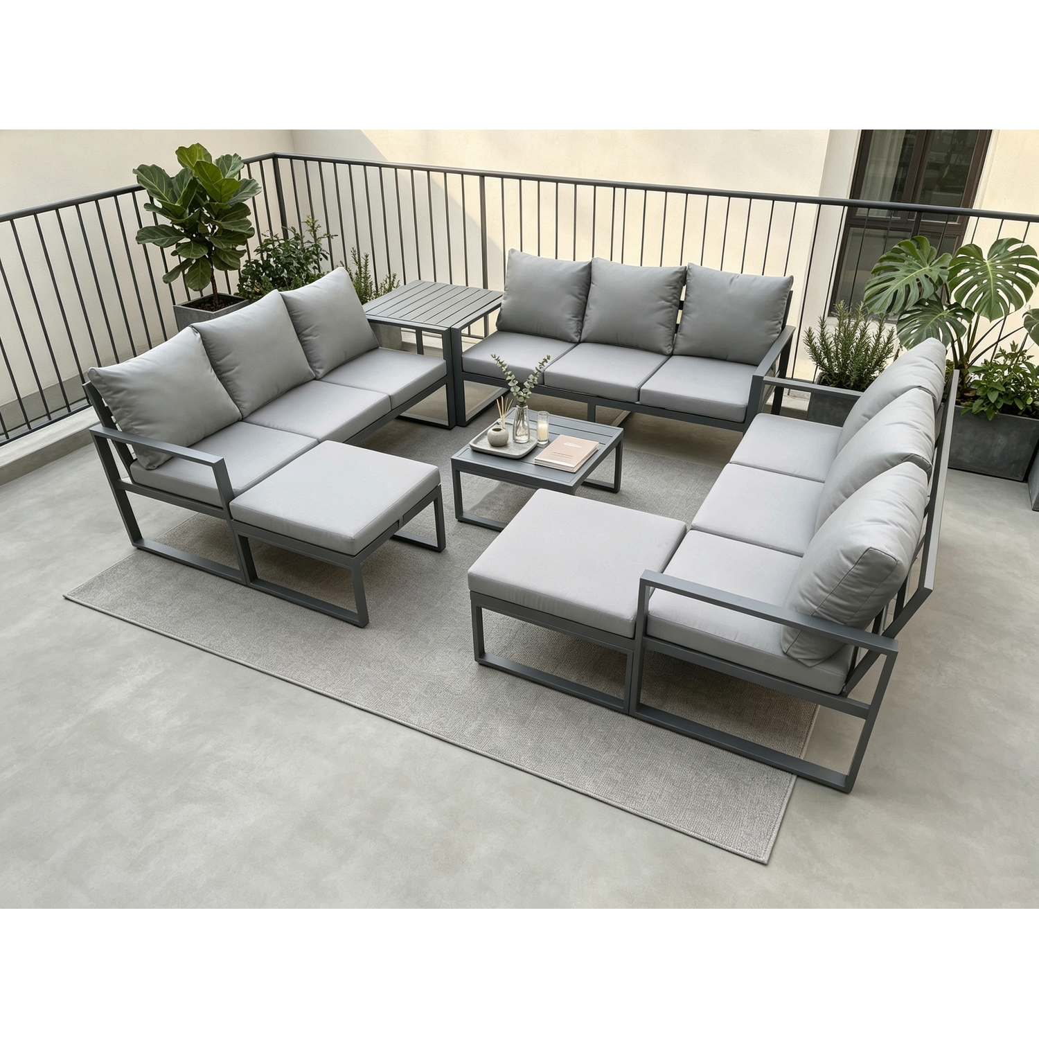 Fimous Aluminium Outdoor Garden Furniture Set Patio Lounge Sofa With Square Coffee Table 2 Big Footstools Conservatory Set Dark Grey - Image 3