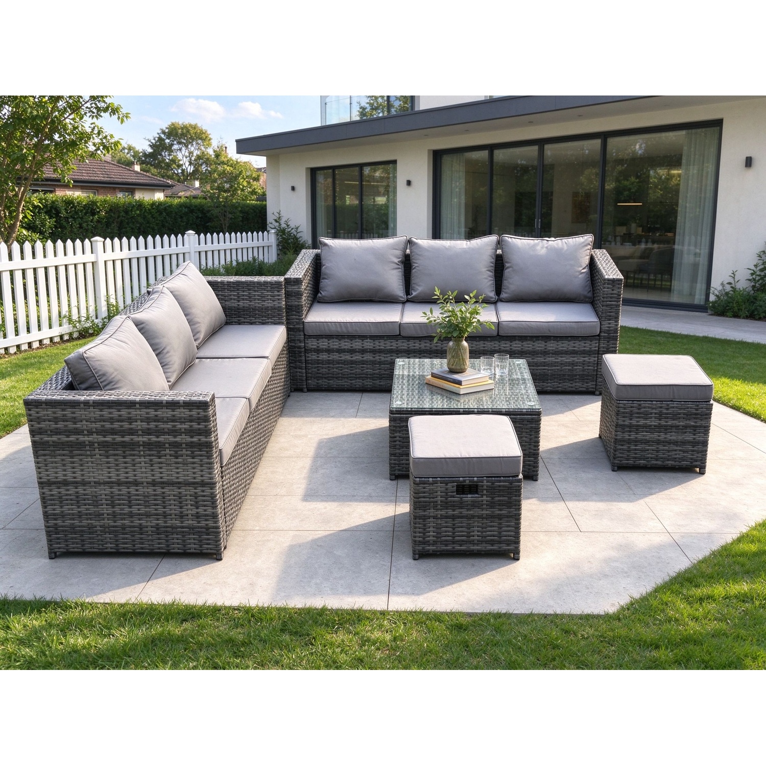 B&Q - Rattan Garden Furniture Set 8 Seater Patio Outdoor Lounge Sofa Set With Square Coffee Table 2 Small Footstools - Image 2