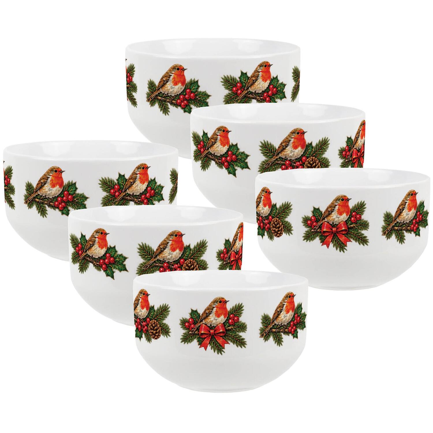 Festive Robins Ceramic Bowls - Christmas Treats/Desserts Tableware Gifts, 6pk - Image 2