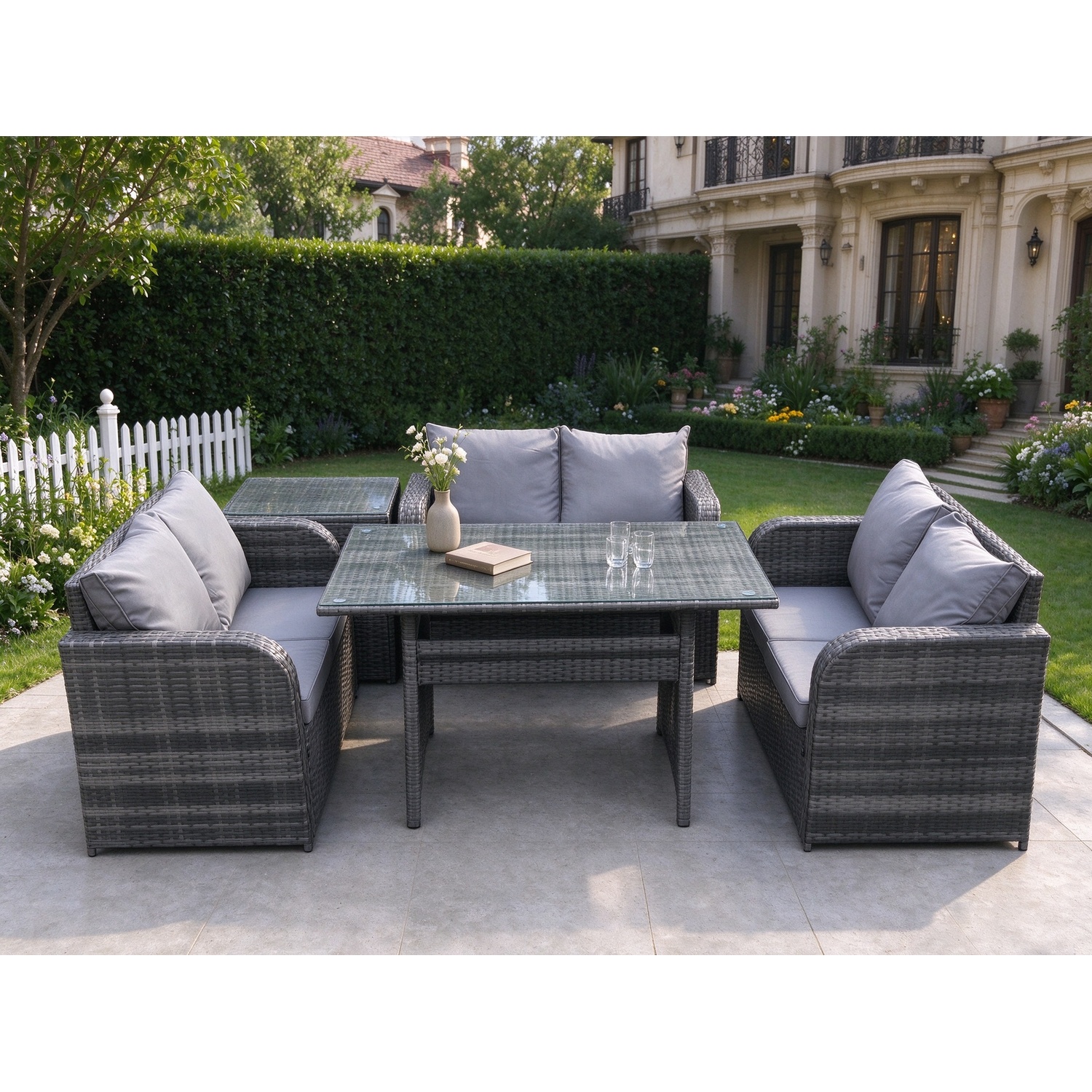 Fimous Dark/Grey Wicker Pe Rattan Sofa Outdoor Garden Furniture Set With Rectangular Dining Table Side Table Mixed - Image 2