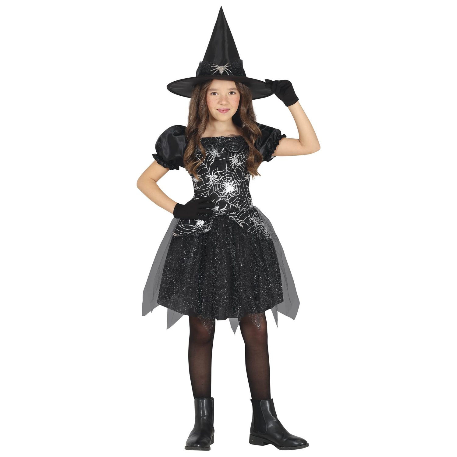 Fiestas Guirca Child Witch Halloween Costume, Black And Silver Spiderweb Design