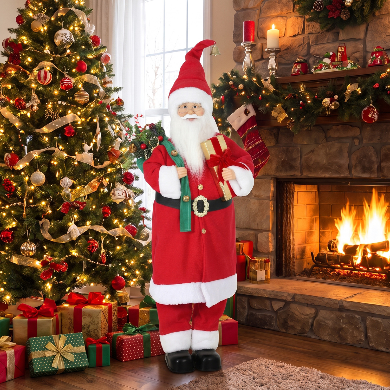 Homcom Red/Gold 4Ft Christmas Singing Dancing Santa Claus With Gift And Sack - Image 3