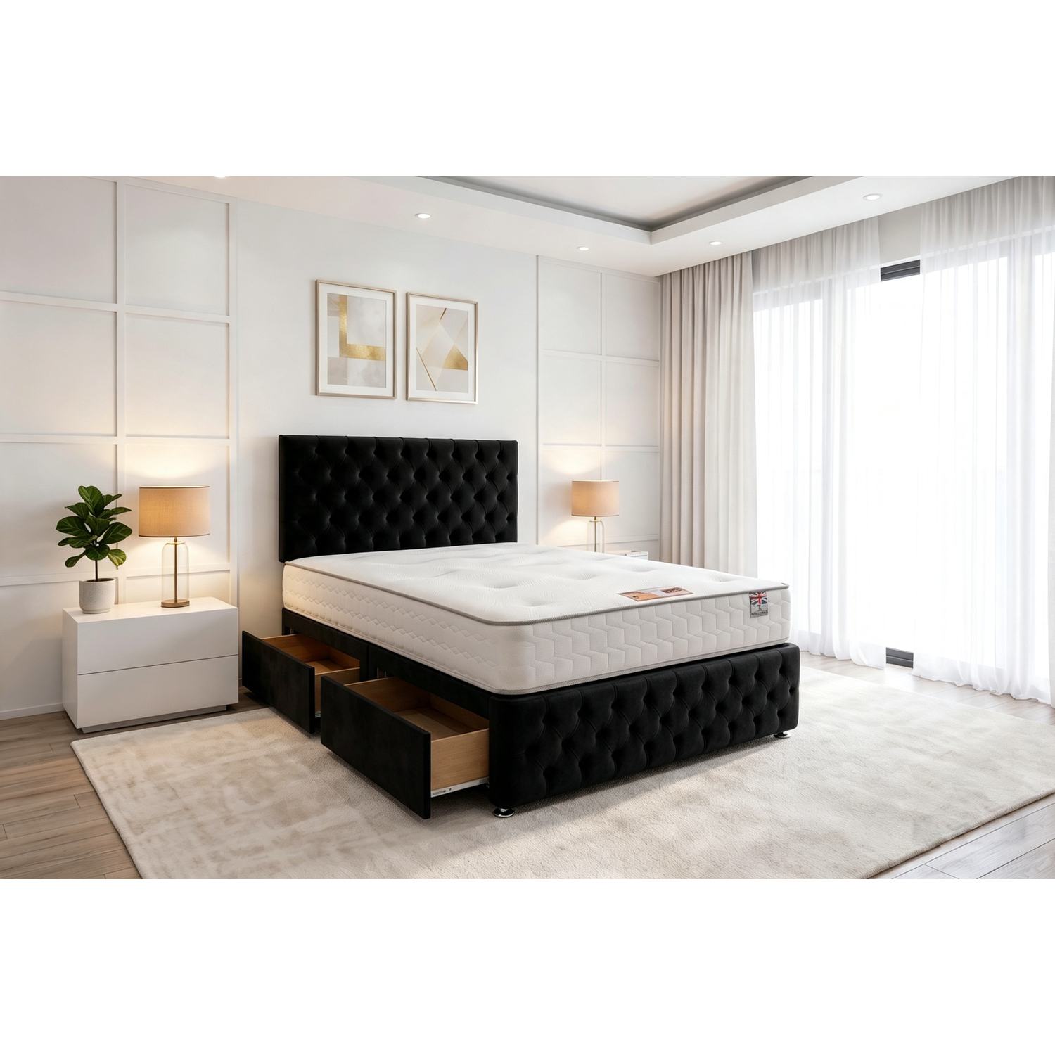 Knight Sleep Delaware Black Plush 6Ft Princess Sprung Divan Bed Set, 4 Drawers