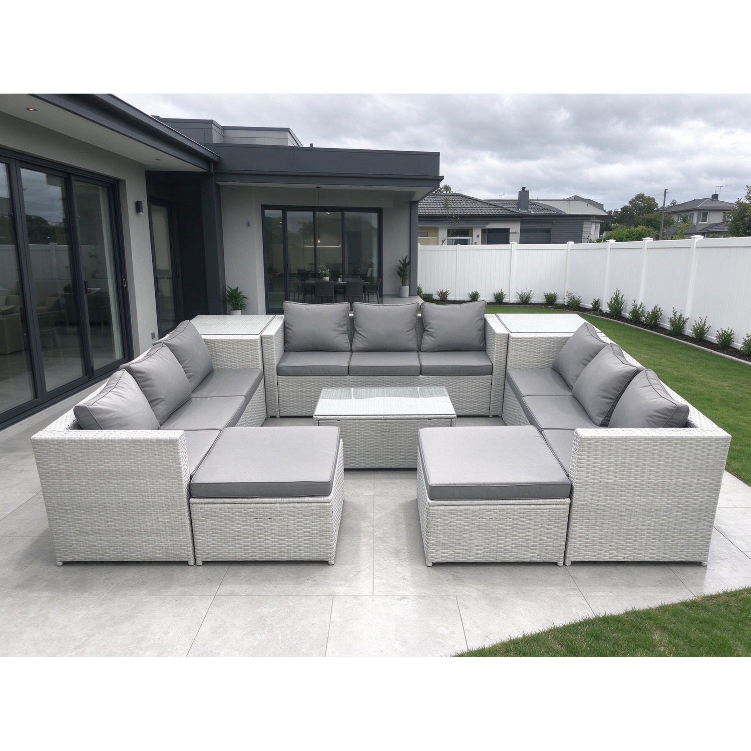 Rackhams Light/Grey Rattan Garden Outdoor Furniture Set 11 Seater Garden Sofa Coffee Table Set With 2 Big Footstools 2 Side Tables Mixed - Image 2