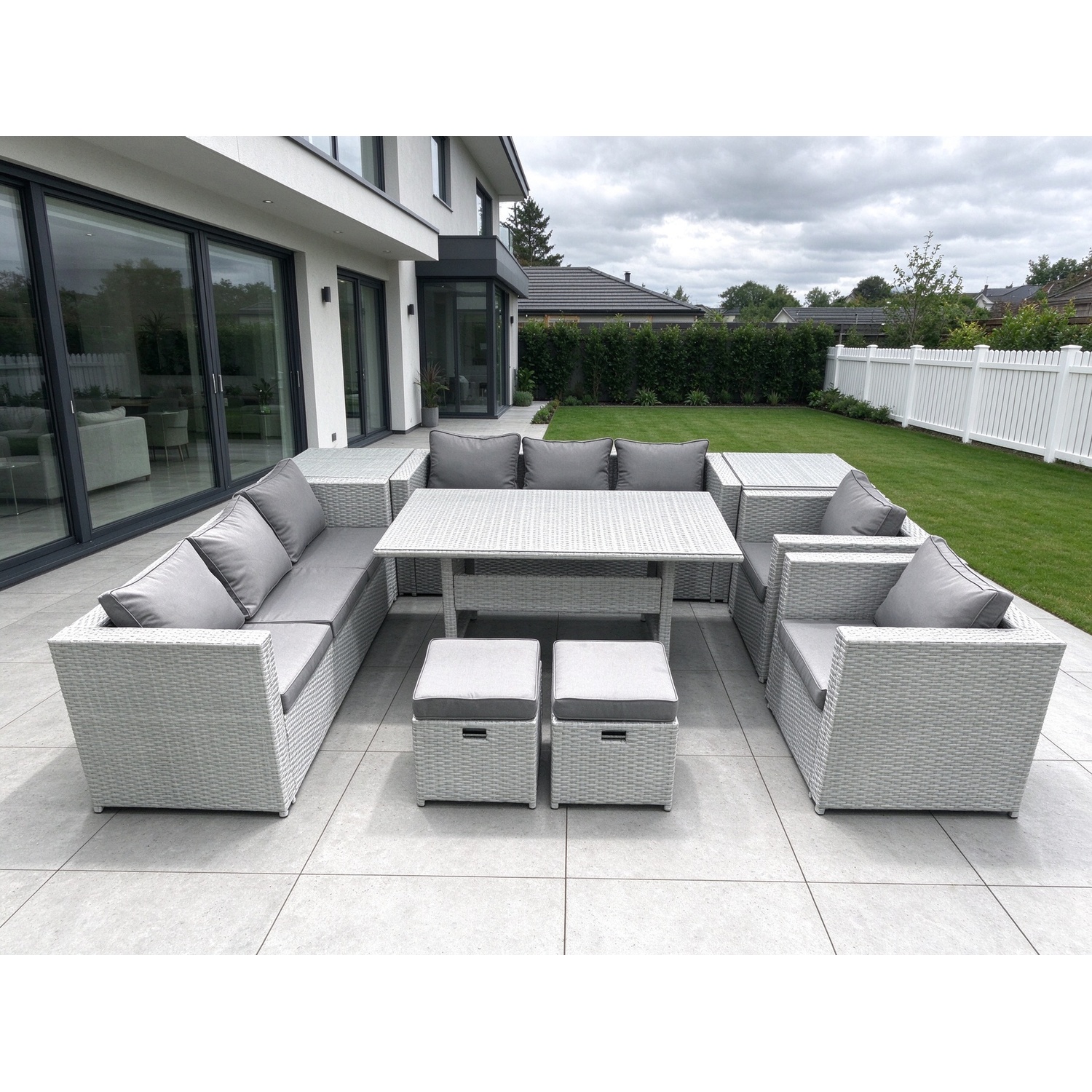 Rackhams Light/Grey 8 Seater Rattan Garden Furniture Set - Mixed Patio Dining Sofa Set With Dining Table, 2 Chairs & 2 Footstools - Image 2