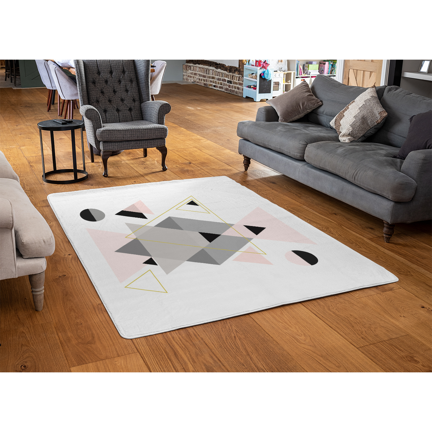 Pink  Grey Geometric Triangles Rug - Pink / 150cm thumbnail