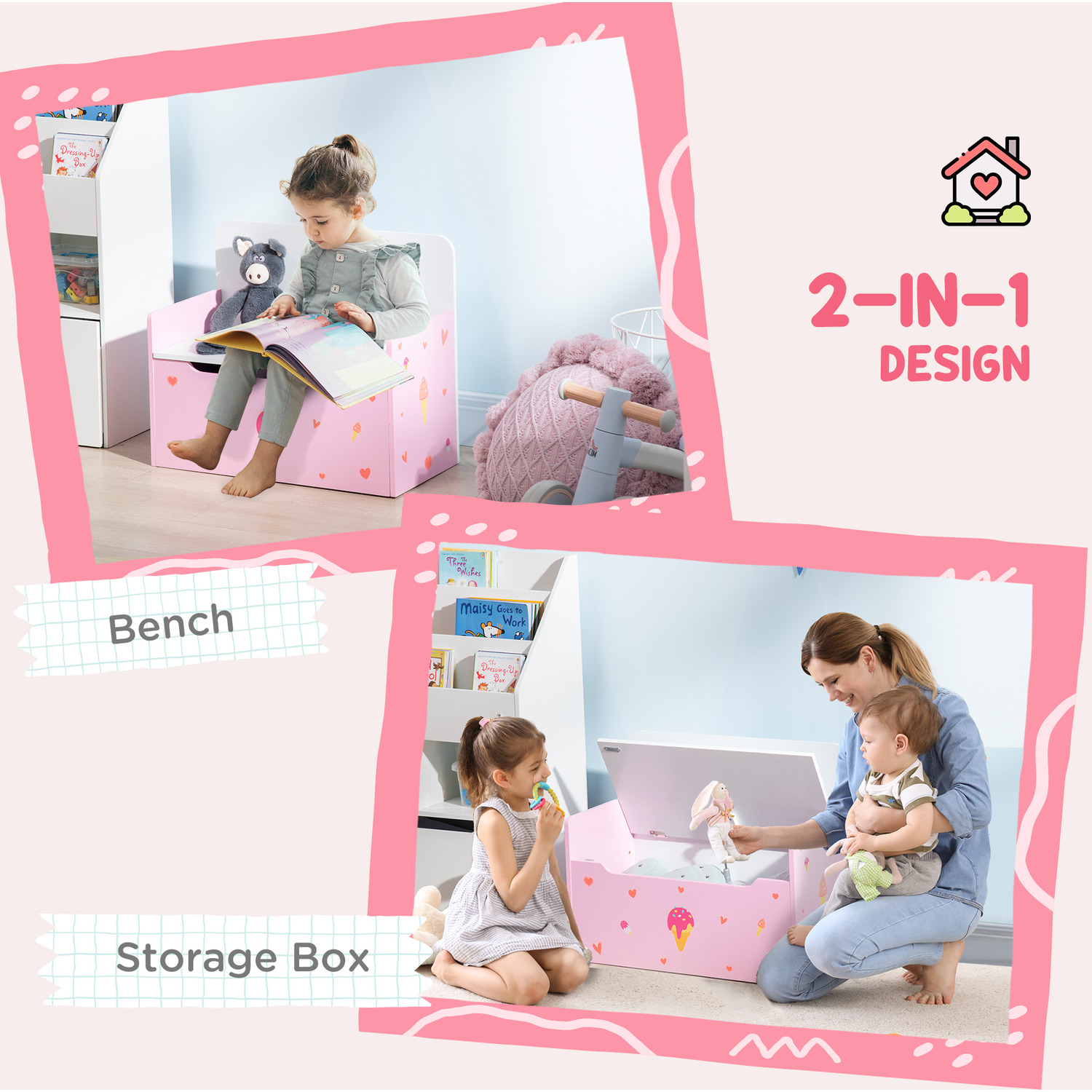 Zonekiz Toy Box Kids Storage Bench Toy Chest With Safey Rod - Pink