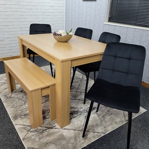 Oak Wooden Table With 4 Tufted Velvet Black Chair and 1 Bench Dining Set