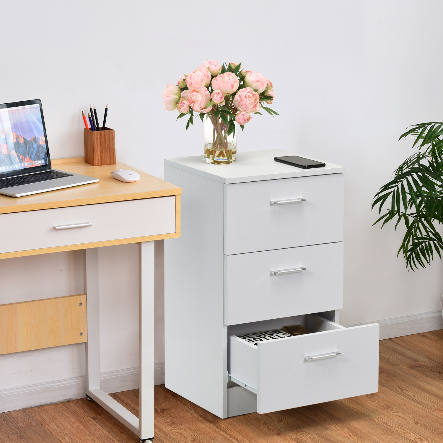 Bedside Table With 3 Drawers - White
