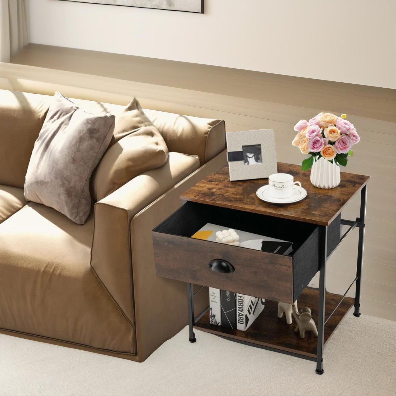 2pc Industrial Bedside Tables With Drawer Bedroom Furniture - Brown
