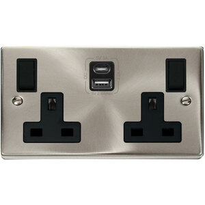 Satin  Brushed Chrome 2 Gang 13A Type A  C USB Twin Double Switched Plug Socket