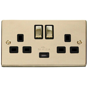 Polished Brass 2 Gang 13A DP Ingot 1 USB Twin Double Switched Plug Socket