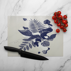 Prints Of Navy Autumn Leaves Glass Chopping Board-large