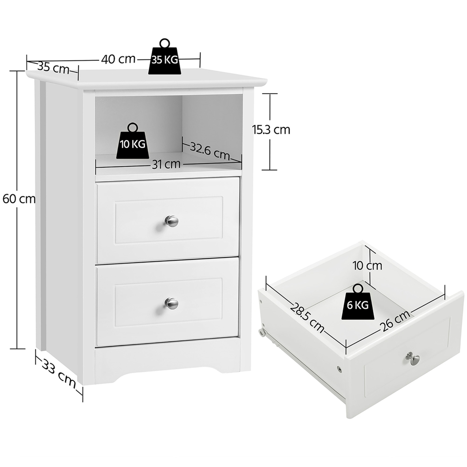 Set Of 2 Bedside Table With 2 Drawers And Open Shelf - White