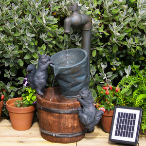 Solar Powered Squirrels and Bucket Filling Water Feature Waterfall