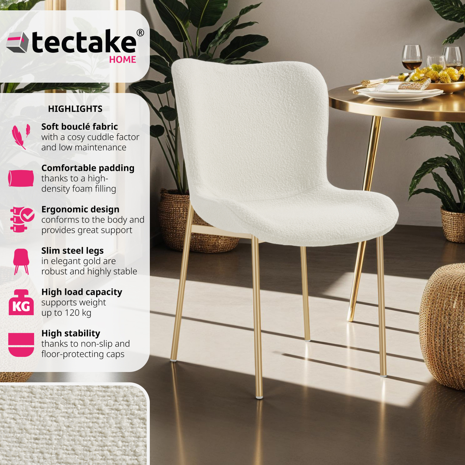 Dining Chair Tessa - Ergonomic High Backrest - Boucle White Gold 2