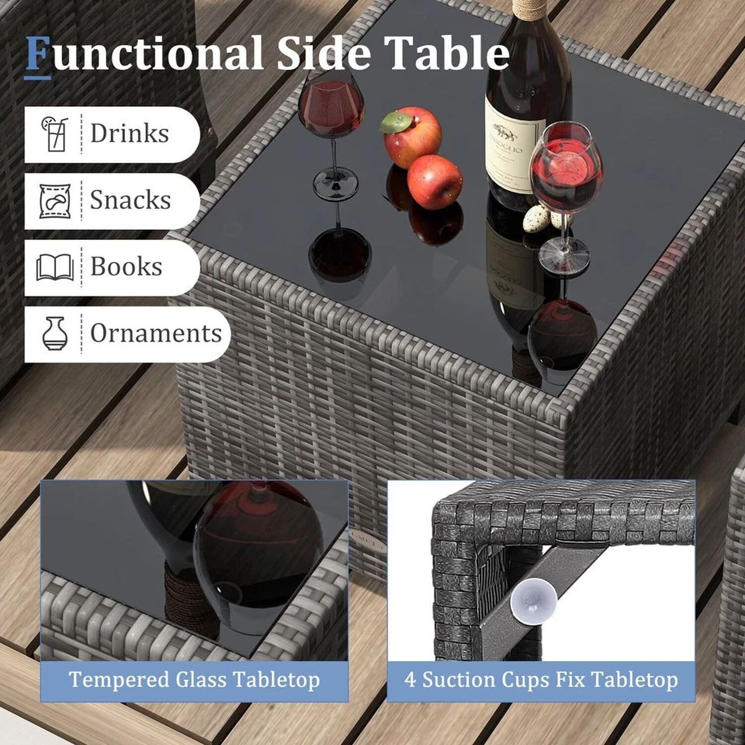 3 Piece Patio Rattan Chair And Table Set Outdoor Wicker Bistro - Grey