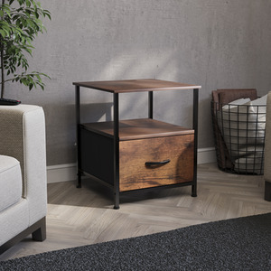 Rustic Brown Chorley 1 Drawer Fabric Bedside Table Chest Nightstand shot 7762296