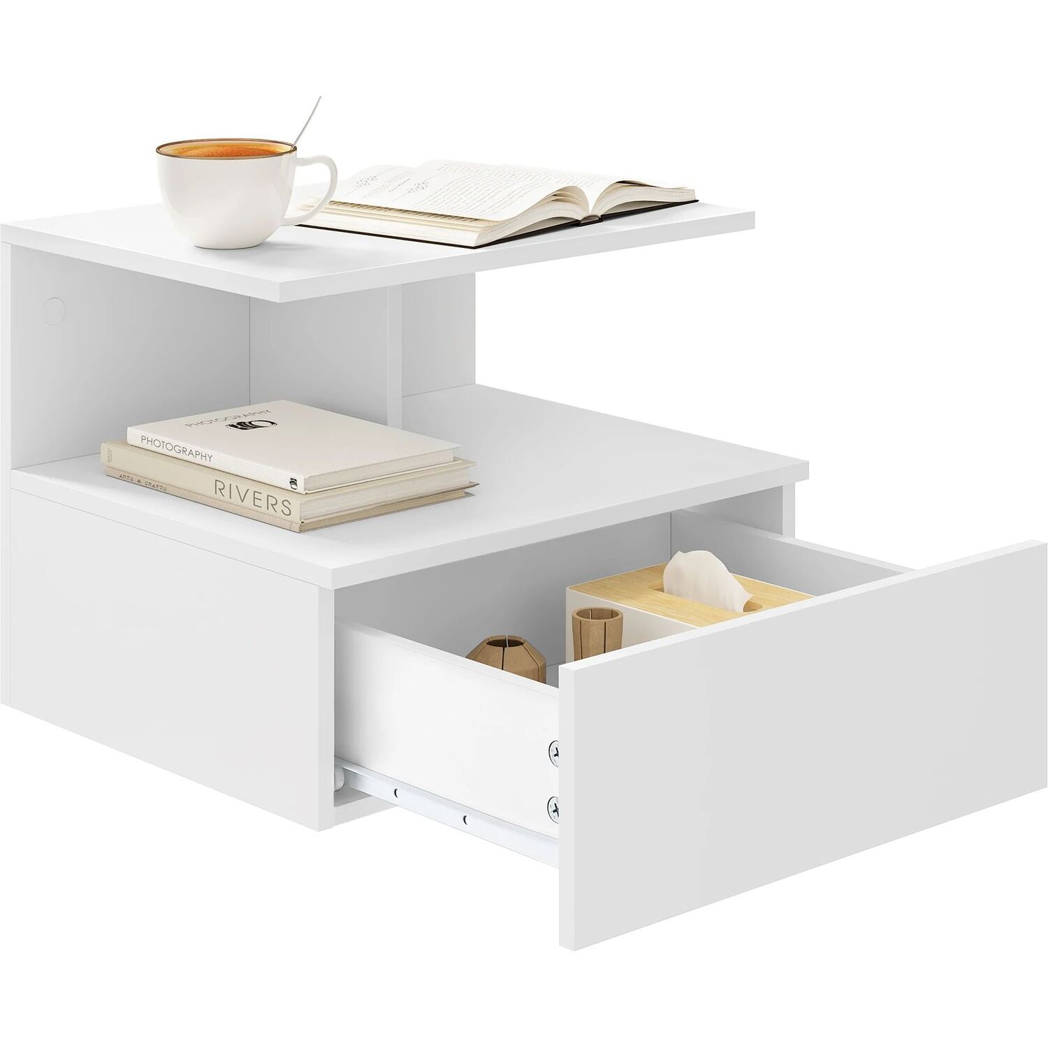 Wall Hanging Bedside Table With Drawer - White