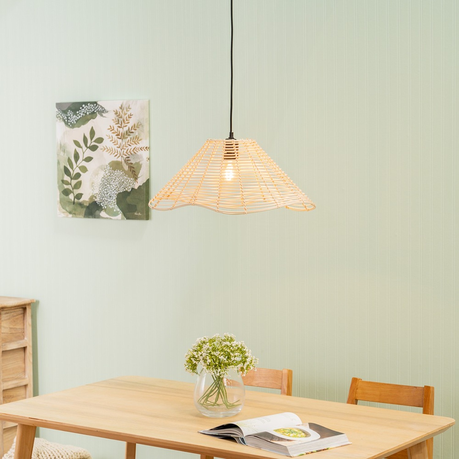 Harlow Natural Wavy Rattan Wicker Ceiling Light Shade and LED Bulb - Neutral