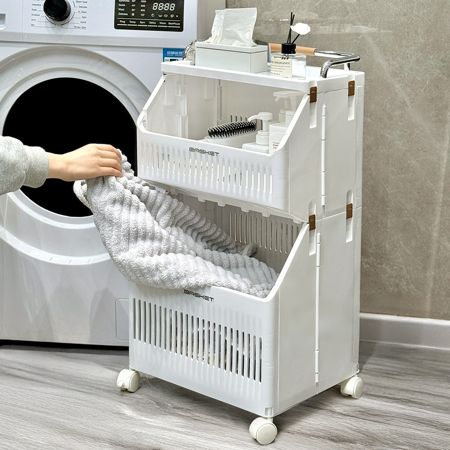 Livingandhome 2-Tier Rolling Laundry Hamper With Wheels - Ivory White / 72Cm