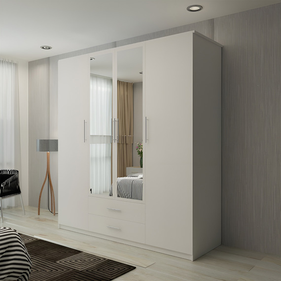 Modern 4 Door Hinged Wardrobe with Mirror and Drawers