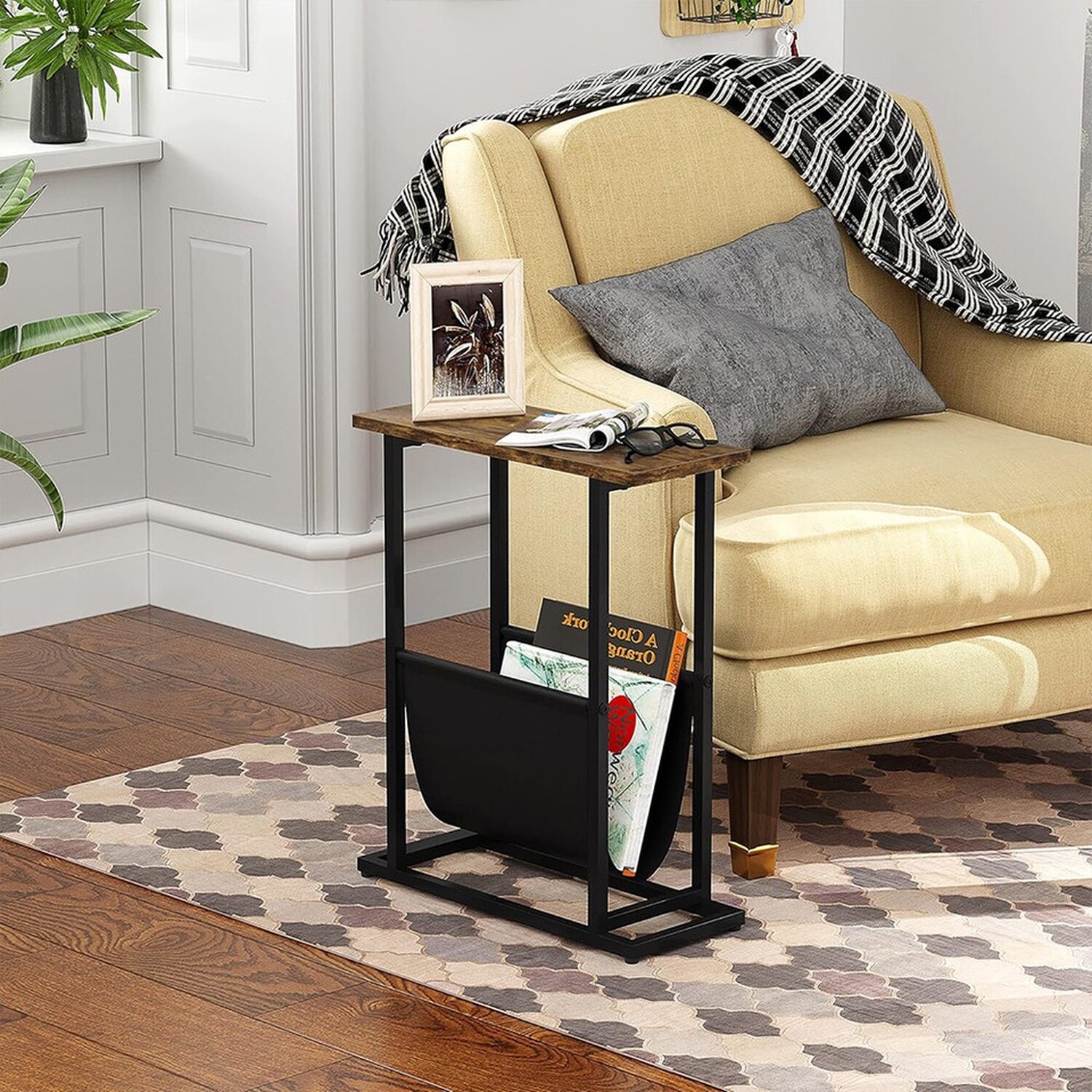 Slim Side Table with Magazine Holder and Night Light