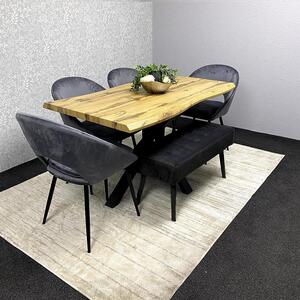 Wooden Dining Set with 2 Grey Velvet Chairs and 2 Wooden Benches