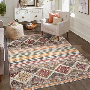 Aress Washable Traditional Living Room Area Rug -Low Pile Aztec Design Muti Rug