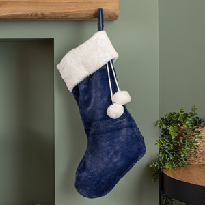 Blue Soft Plush Hanging Christmas Stocking with Faux Fur Trim