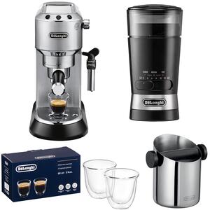 De'Longhi Dedica Arte Coffee Machine, Knock Box, Grinder  Latte Glasses