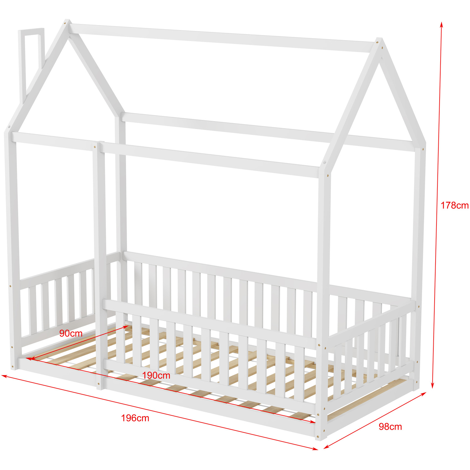 Hmd Solid Pine Wood House Kids Bed With Guardrails - White