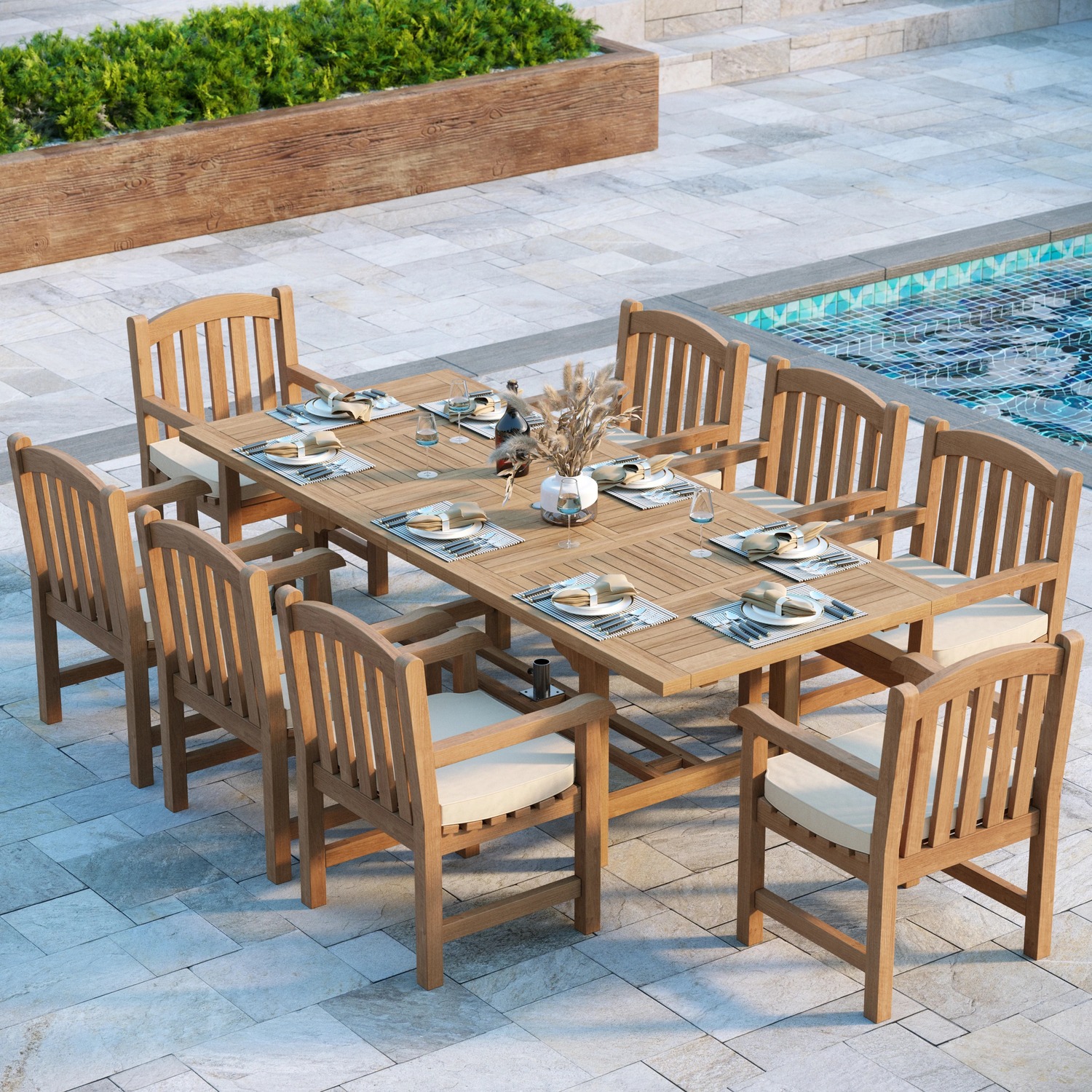 Oslo Teak Garden Dining Table And 8 Seat Chair Set - Teak Table 8 Chairs Cream Cushions