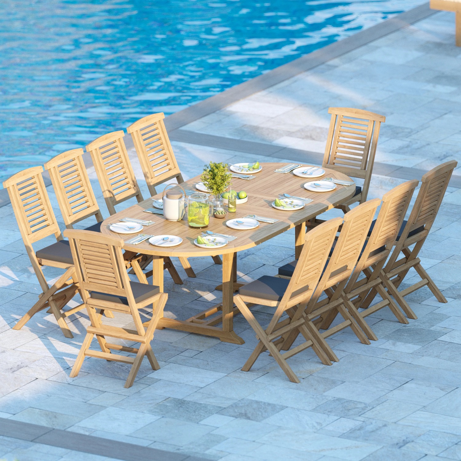 Marseille Teak Garden Dining Table And 8 Seat Chair Set - Teak Table 8 Chairs Black Cushions