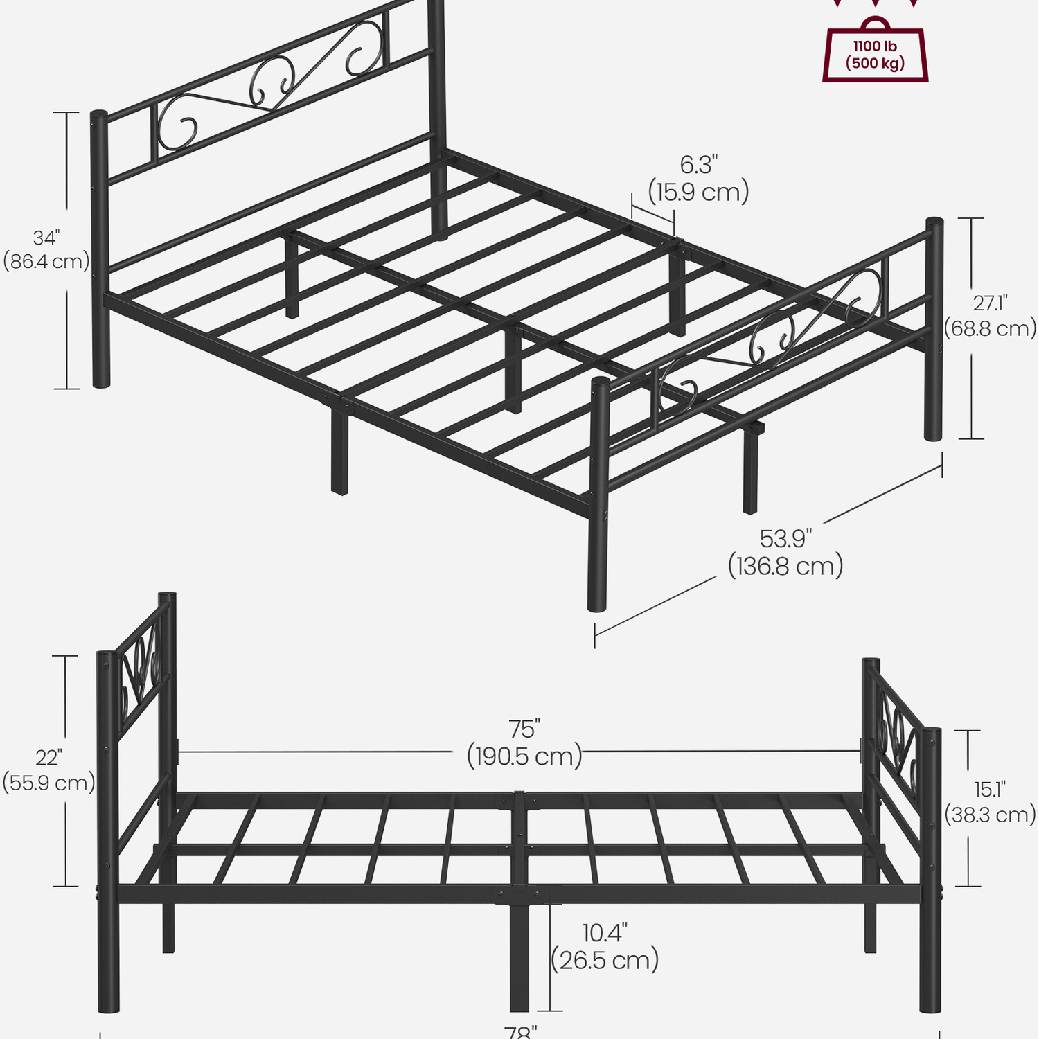 Double Bed Frame Metal Bed Frame Fits 135 X 190 Cm Mattress - Black
