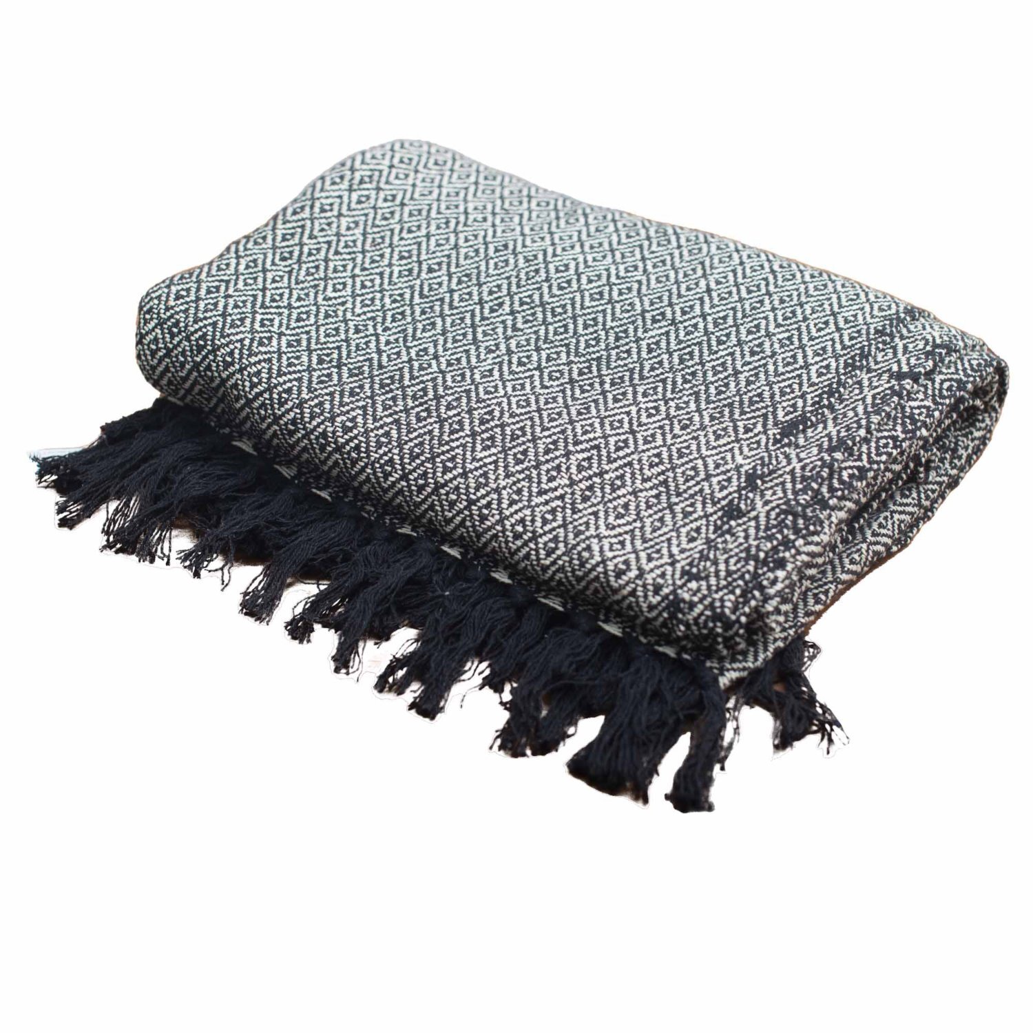 Boho Charcoal Cotton Throw With Tassels For Cozy Home Decor - Black