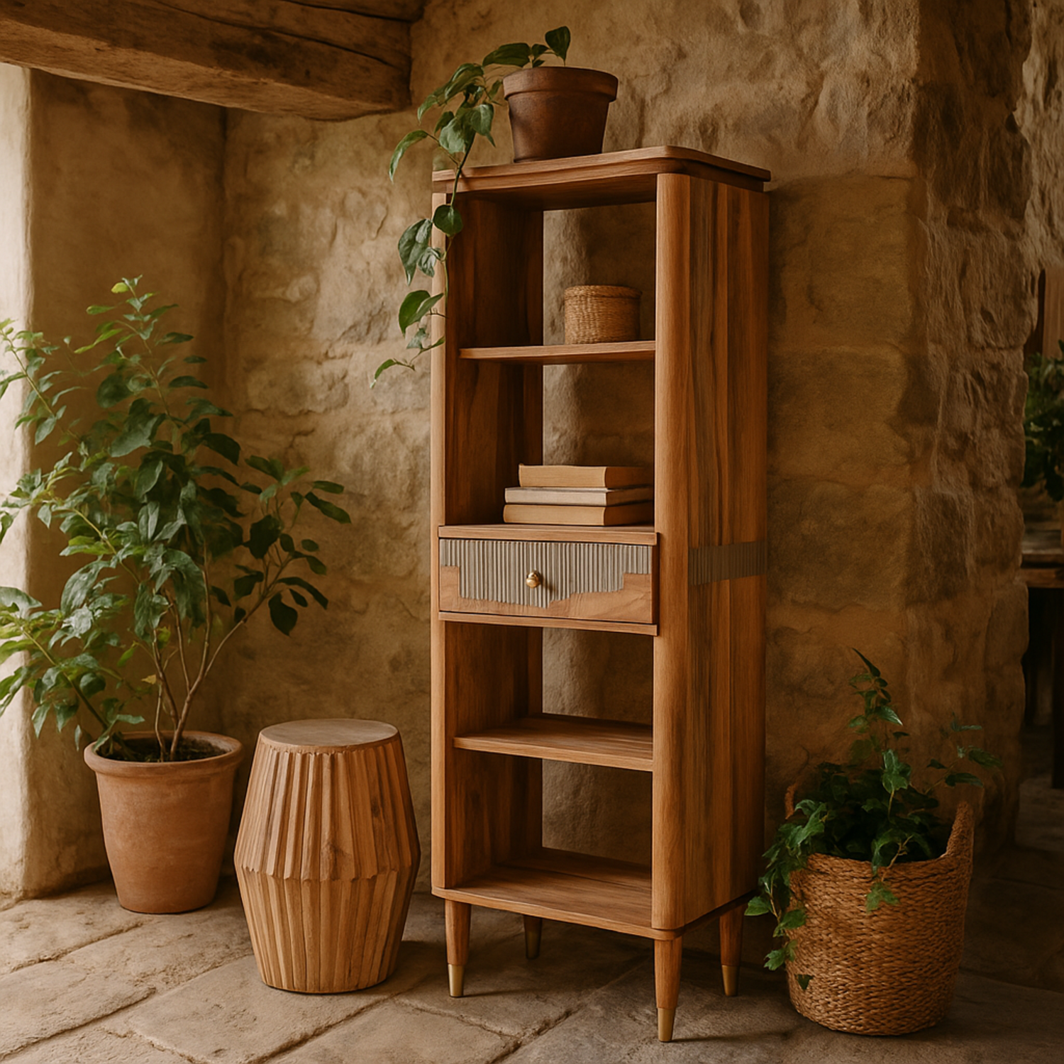 Wyld Haus Idaho Slim Acacia and Mango Wood Bookcase with Brass Details and 1 Drawer - Brown
