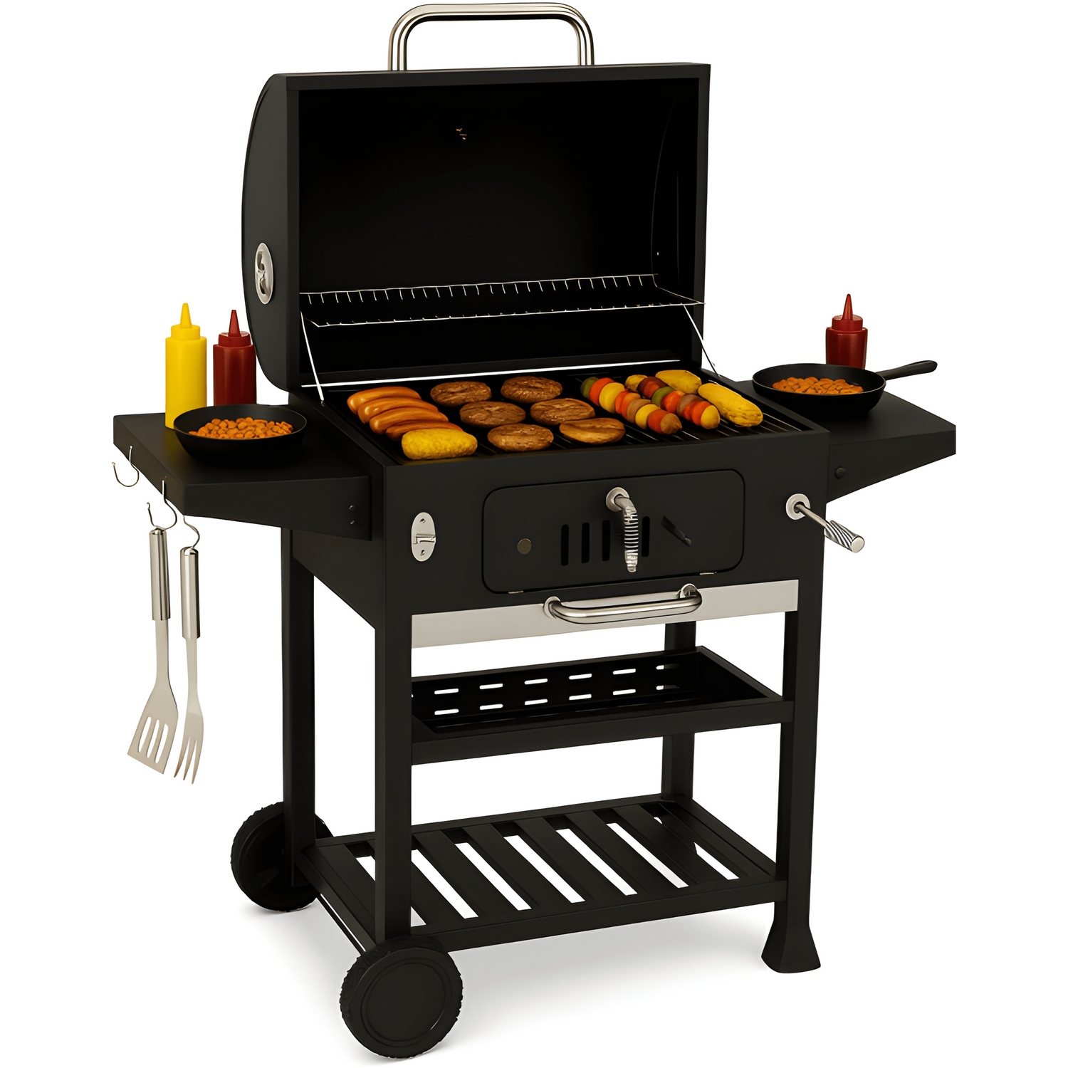 Campfire Charcoal Bbq Smoker Grill Barbecue Shelf - Black