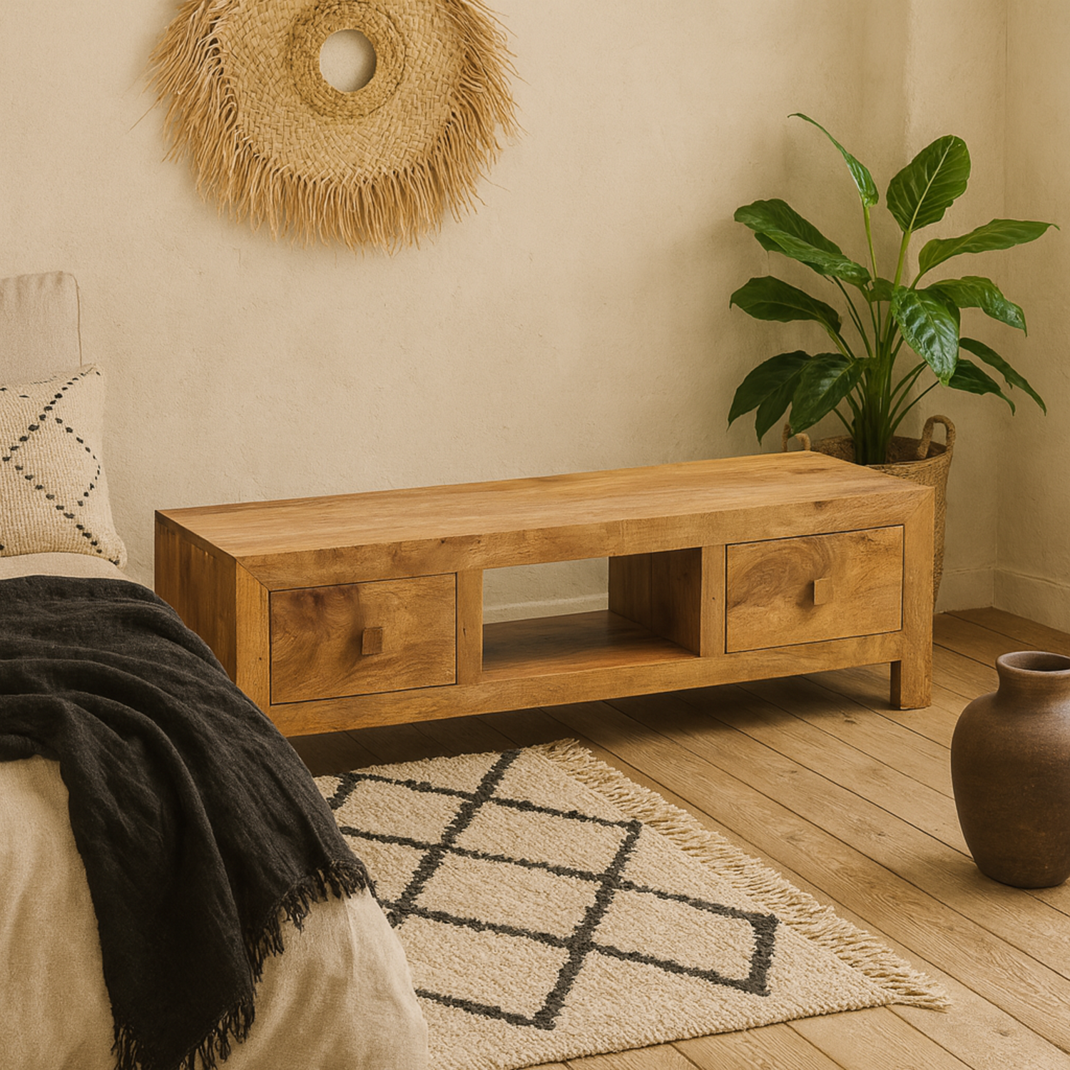 Manila Wide TV Unit Light Mango Wood 2 Drawers - Brown