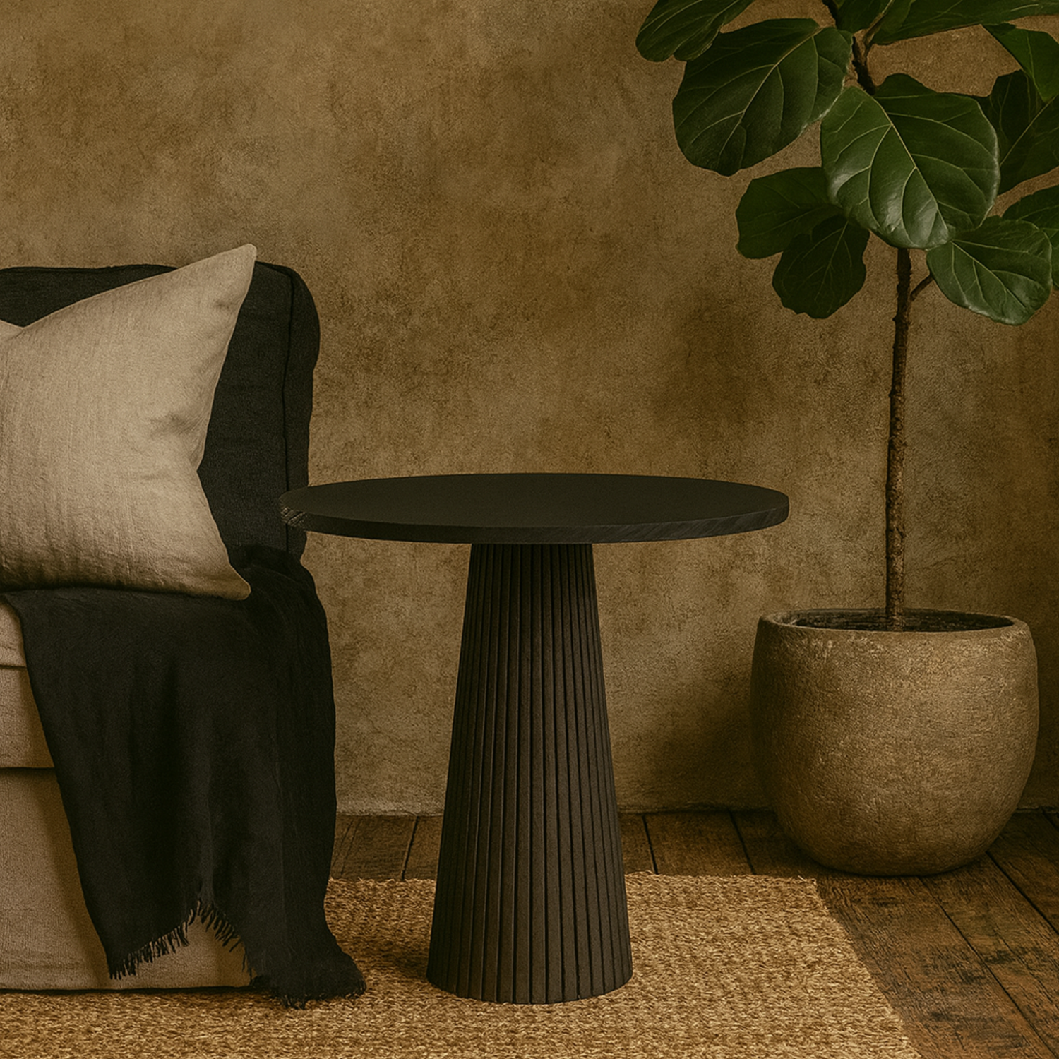 Sorrento Wood Ribbed Round Accent Table - Black
