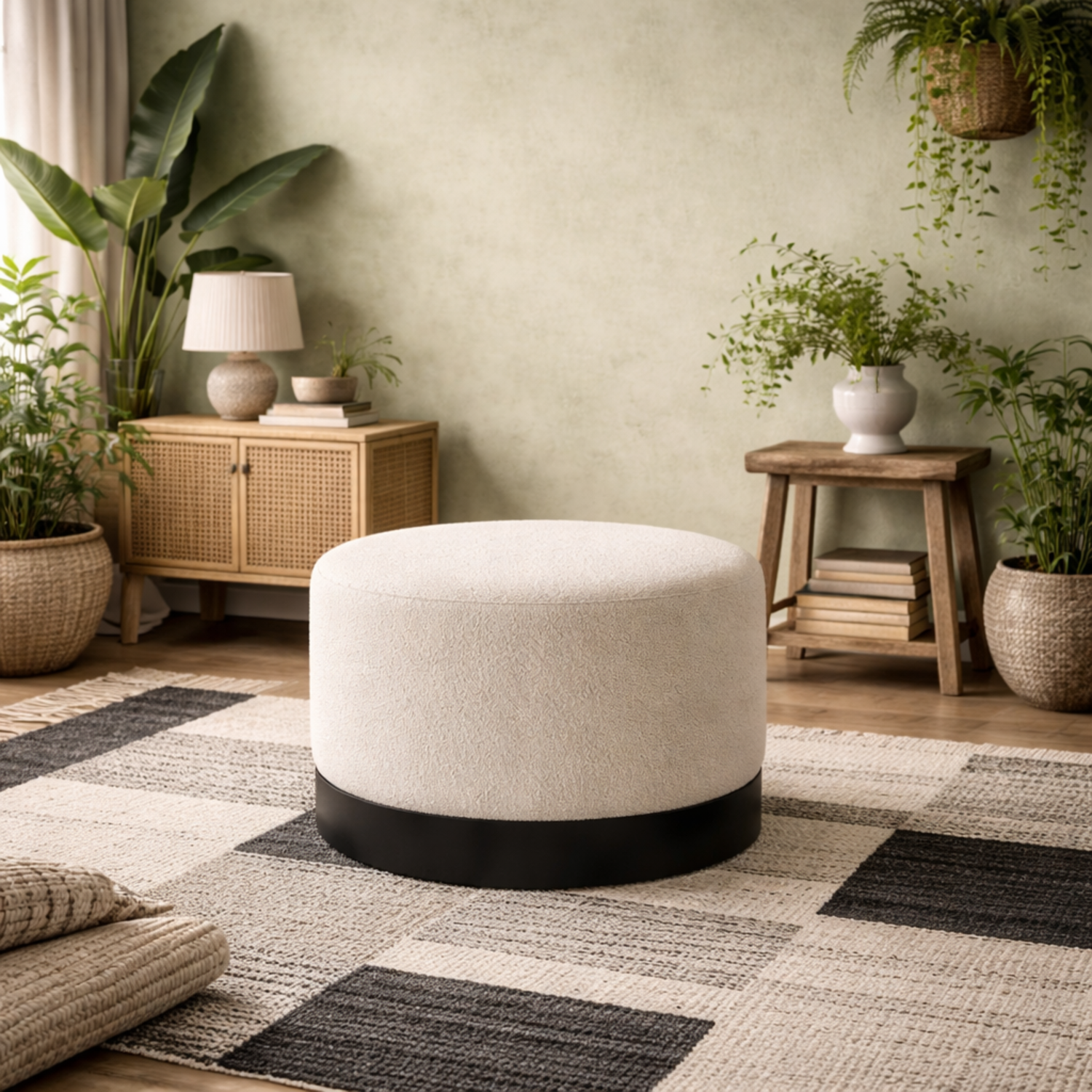 Kalua Large Ivory Boucle Stool with Matt Base - Ivory