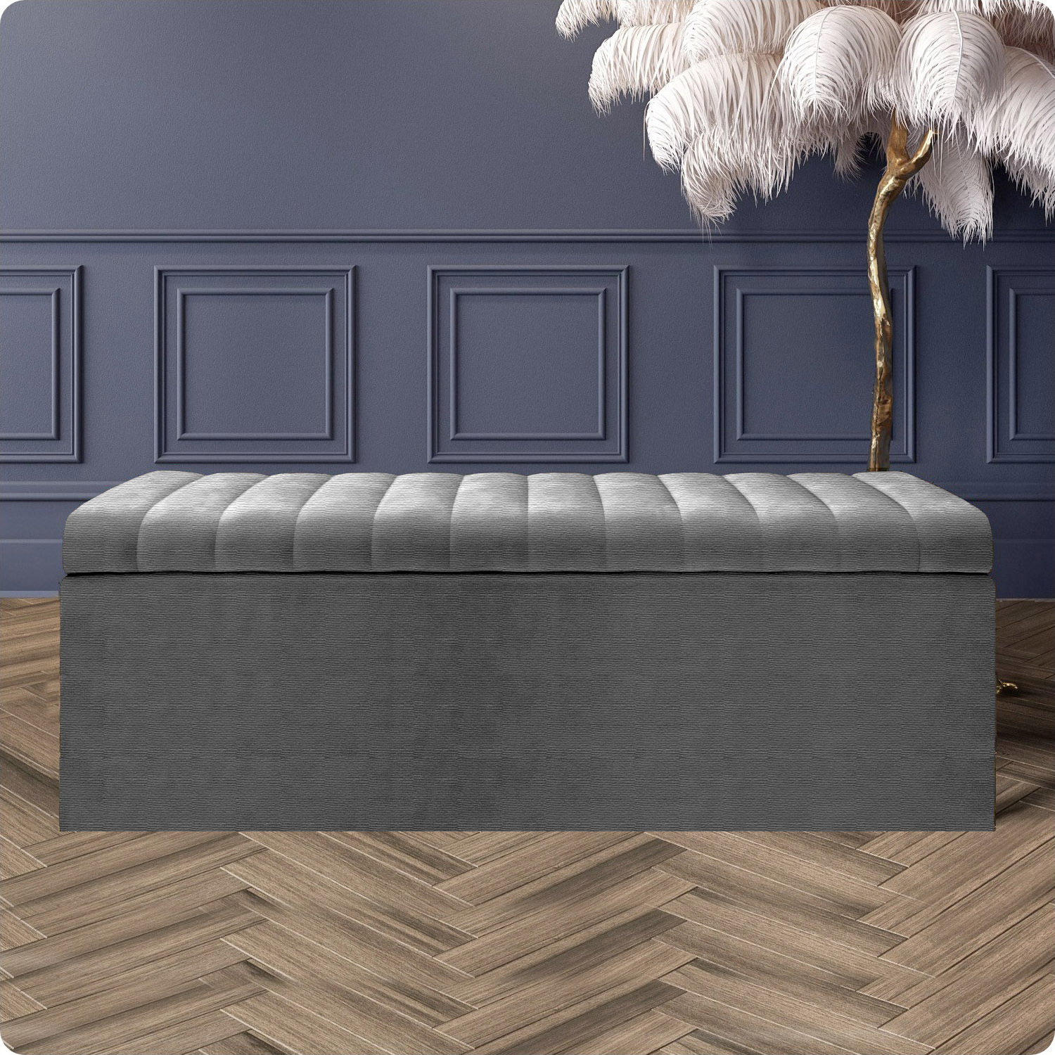R&M Furnishers Safar Naples Ottoman Storage Box, Purple Striped Upholstered Blanket Chest & End Of Bed Bench - Dark Grey Naples