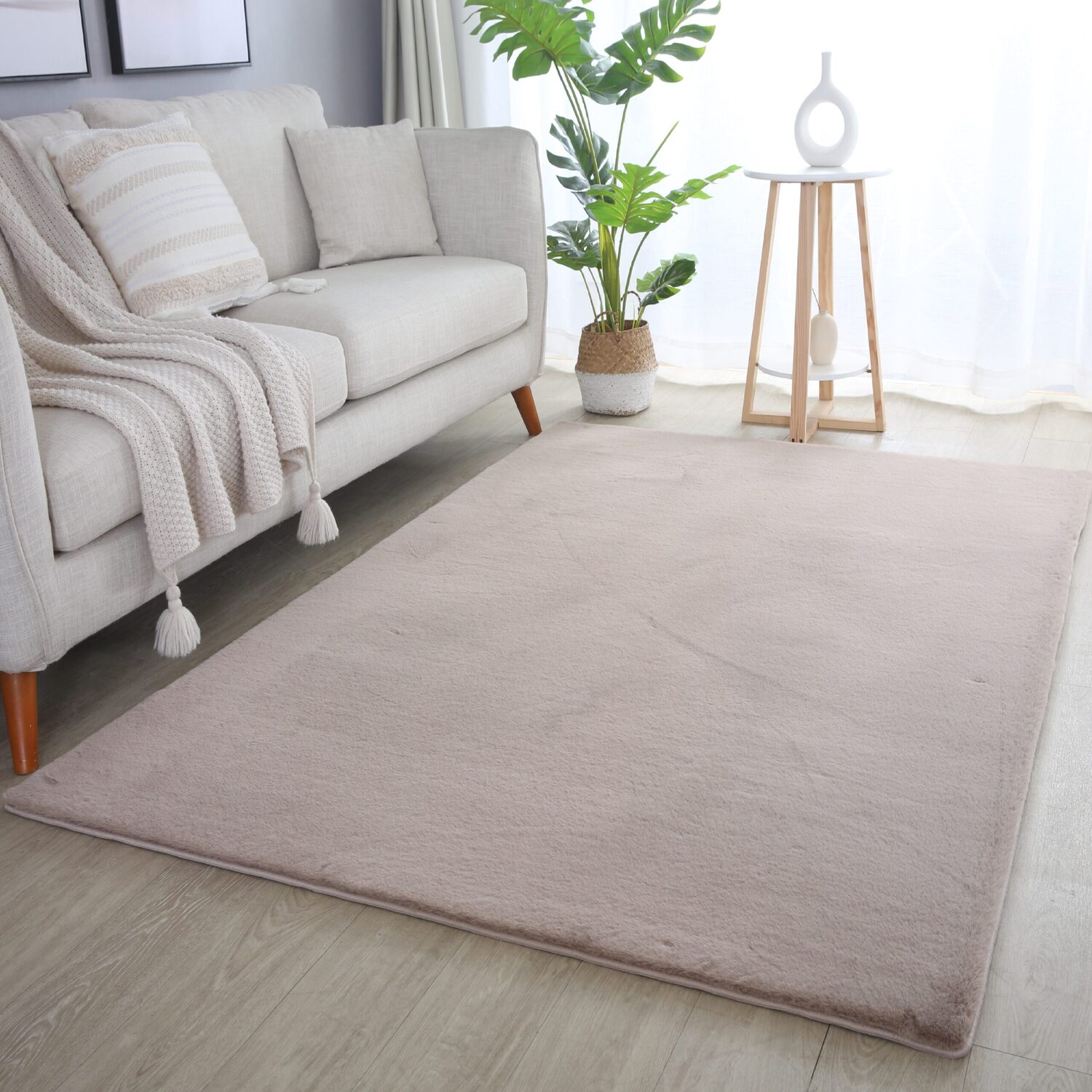 Plushtale Washable Plain Living Room Super Soft Poly Cotton Area Rug - Beige / 160cm / 120cm