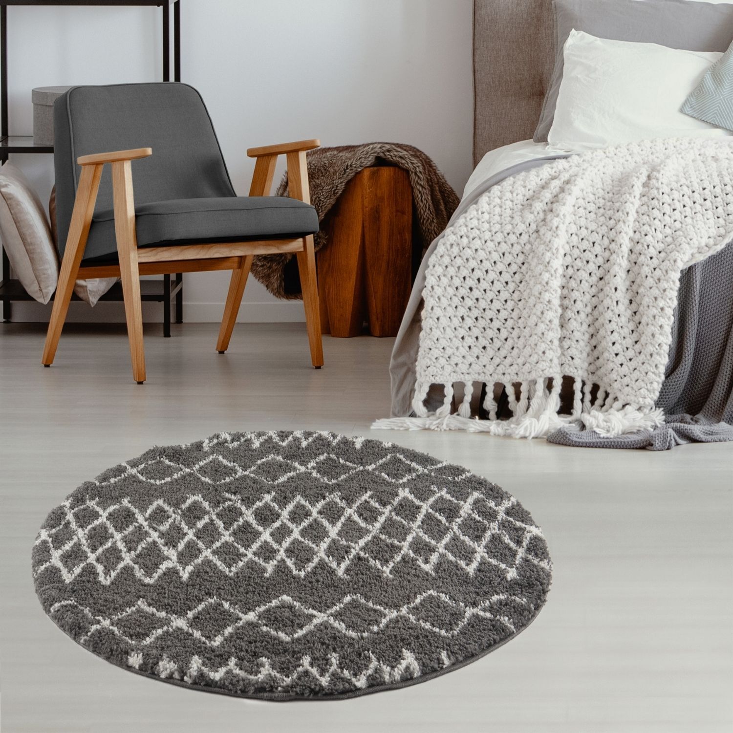 THE RUGS Modern Moroccan Design Living Room and Bedroom Rugs, Non-Shedding & Easy Care (Tangier Dark Grey/Ivory, 120 cm Round) - Image 3