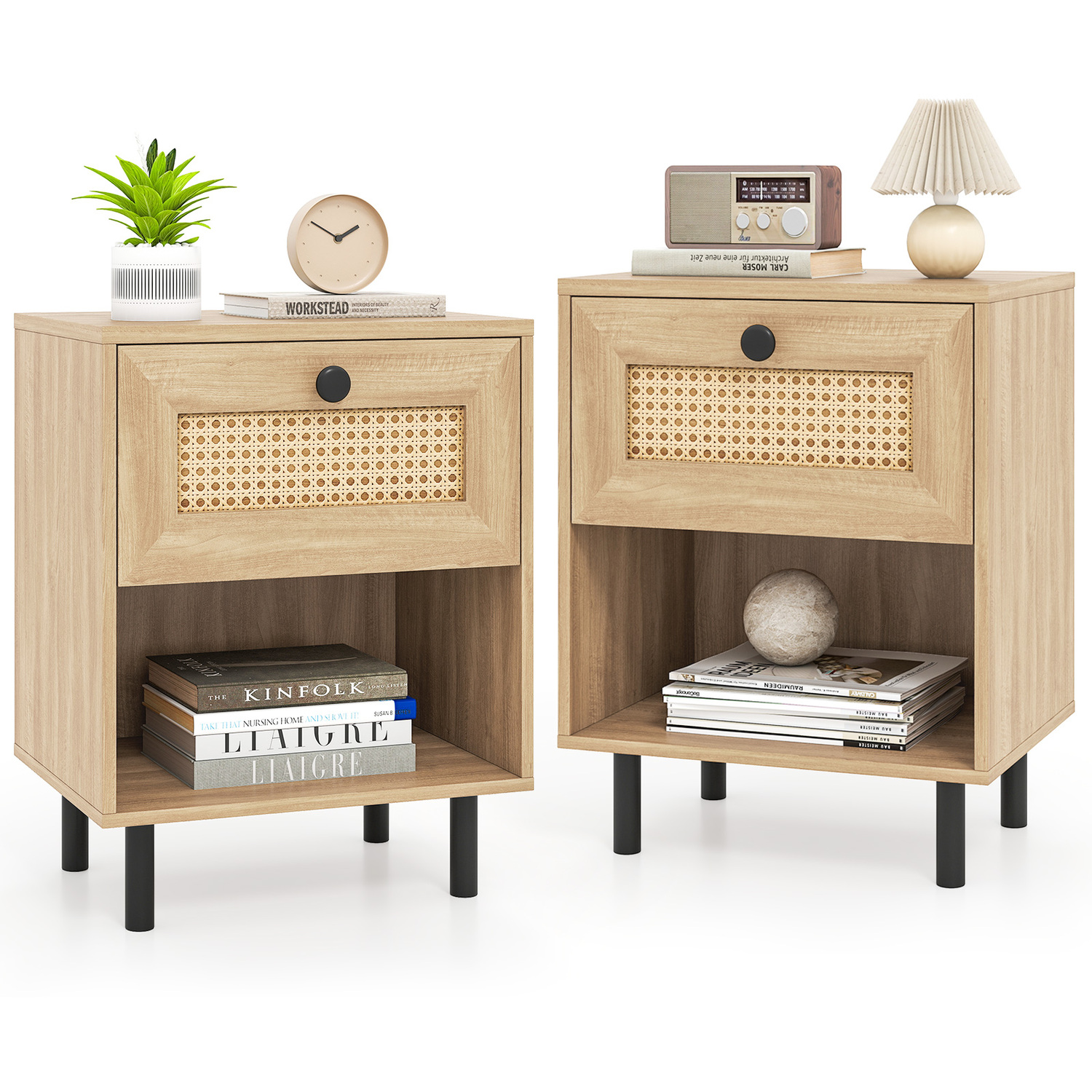 Costway 2Pcs Boho Rattan Nightstand With Drawer - Natural