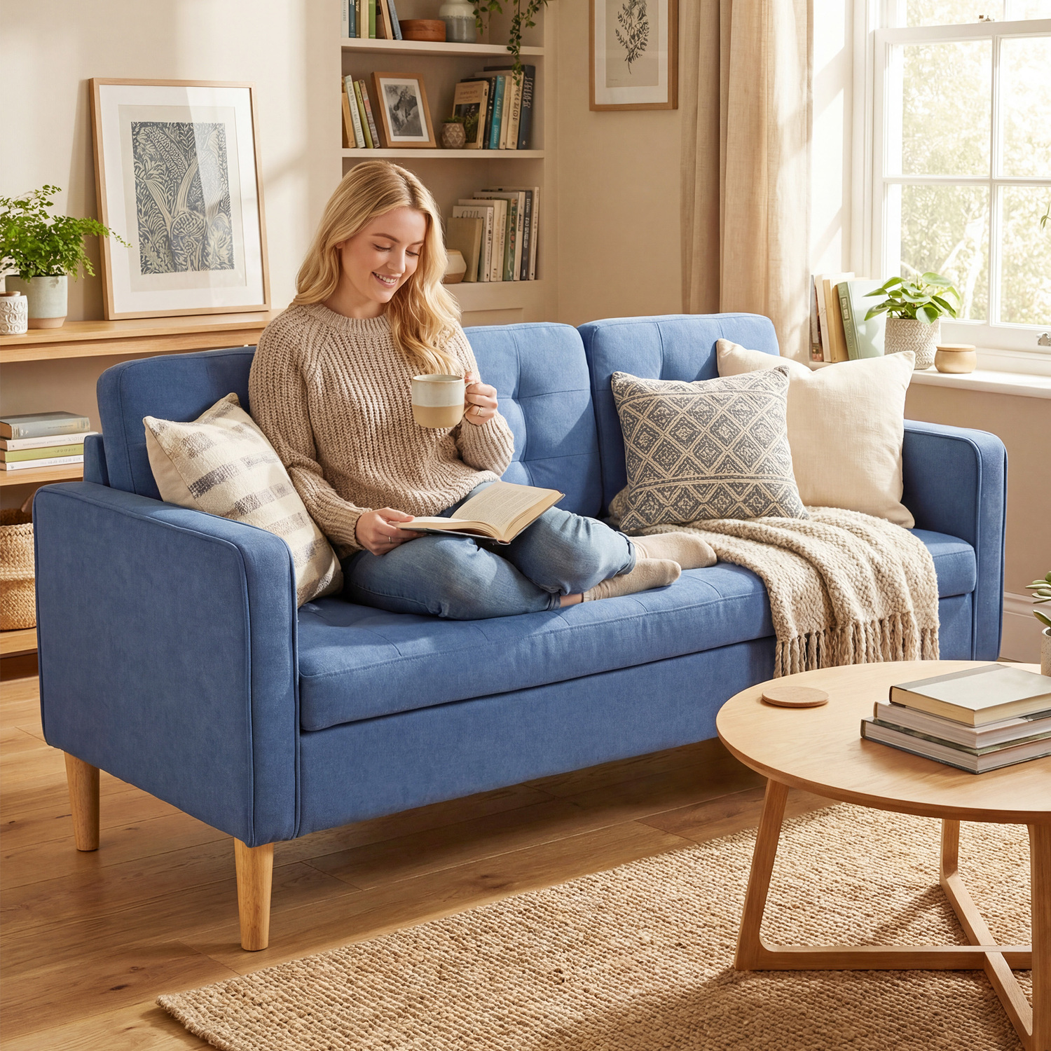 HOMCOM 3 Seater Sofa with Storage - Blue - Rubber Wood - Image 5