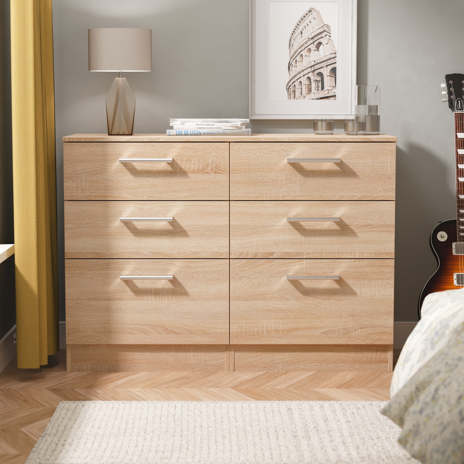 Devon Ready Assembled 6 Drawer Midi Chest - Bardolino Oak