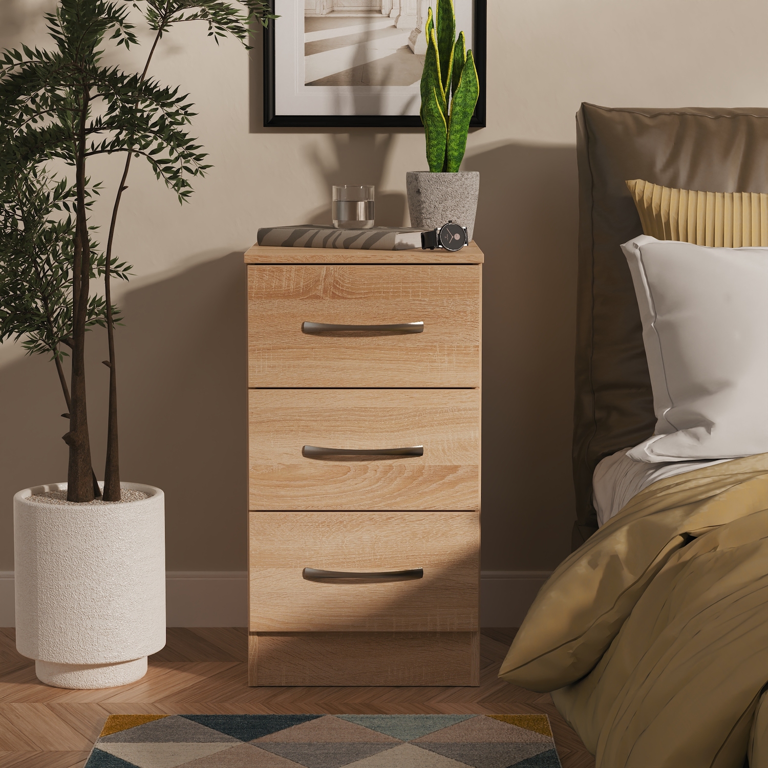 Crowndale - Bedside Cabinet - 3 Drawer - Bardolino Oak - Image 3